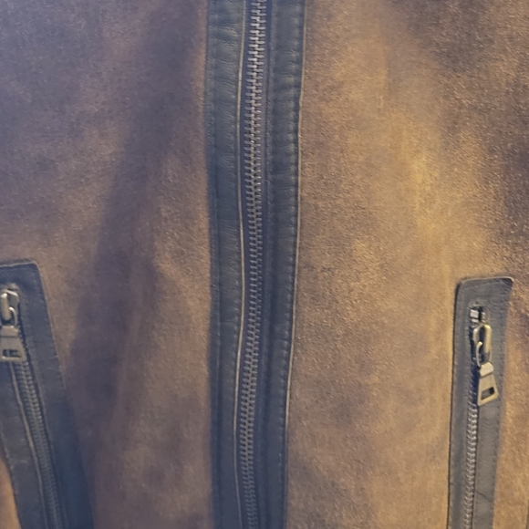 Tan and Brown Leather Hooded Bomber With Real Fur Lined Hood, L - Picture 7 of 10